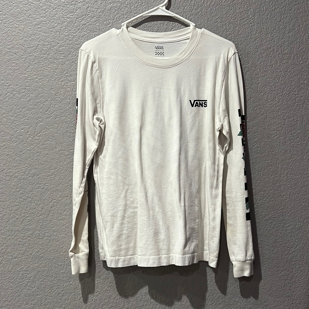 Vans White Long Sleeve T-Shirt With Logo and Roses Women’s Size Medium